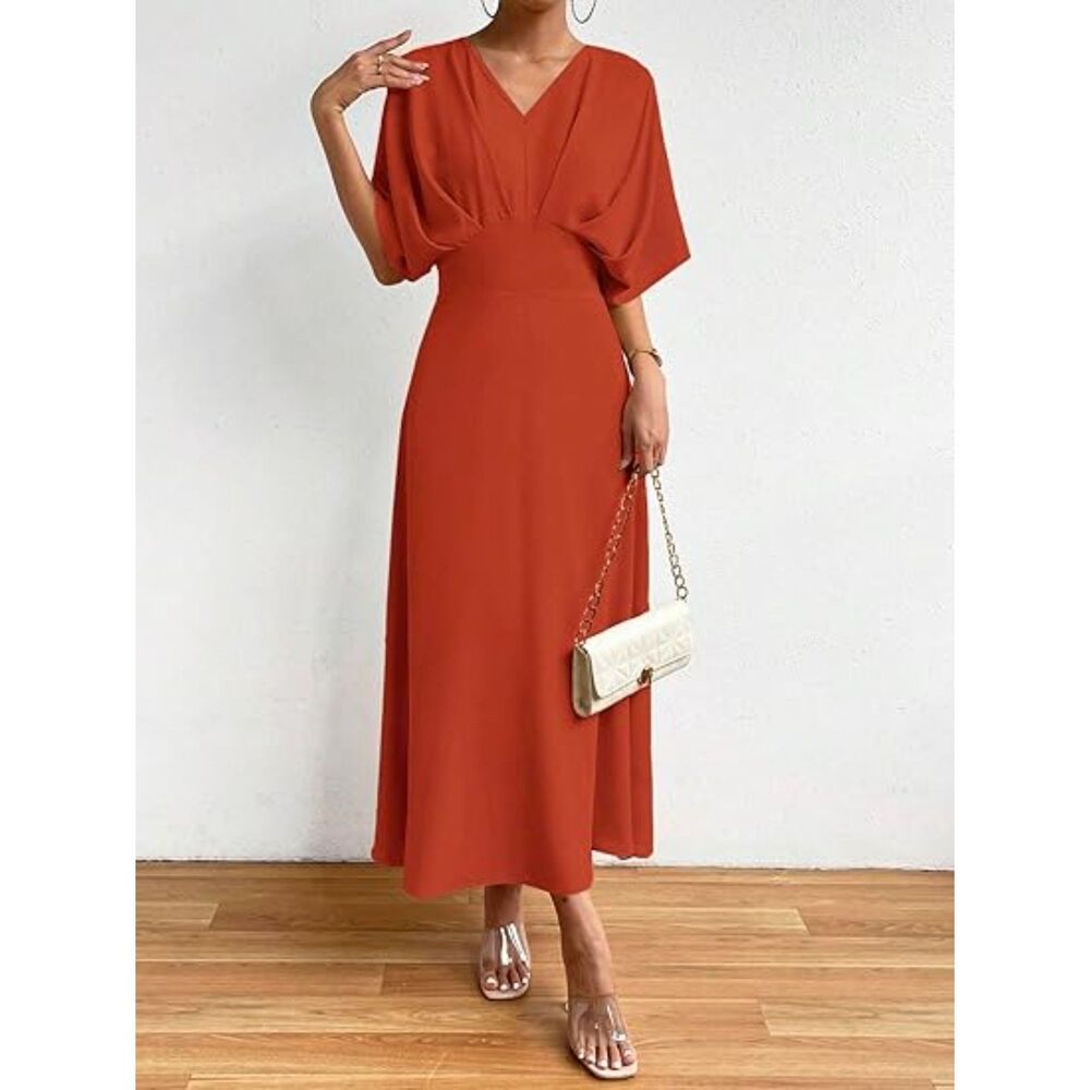 Half Sleeve Ruched Cocktail Evening A Line Long Dress, SMALL, 14L-165D004